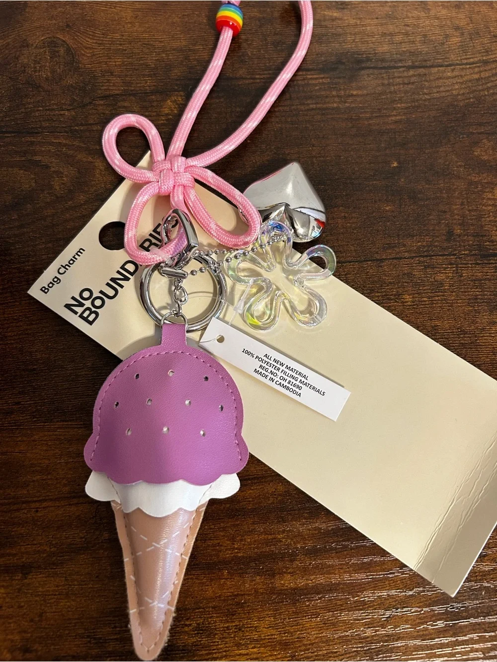 No Boundaries Pink Ice Cream Cone Bag Charm with Tan Cone